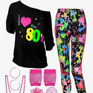 80's Themed Black Top and Neon Leggings Costume Set